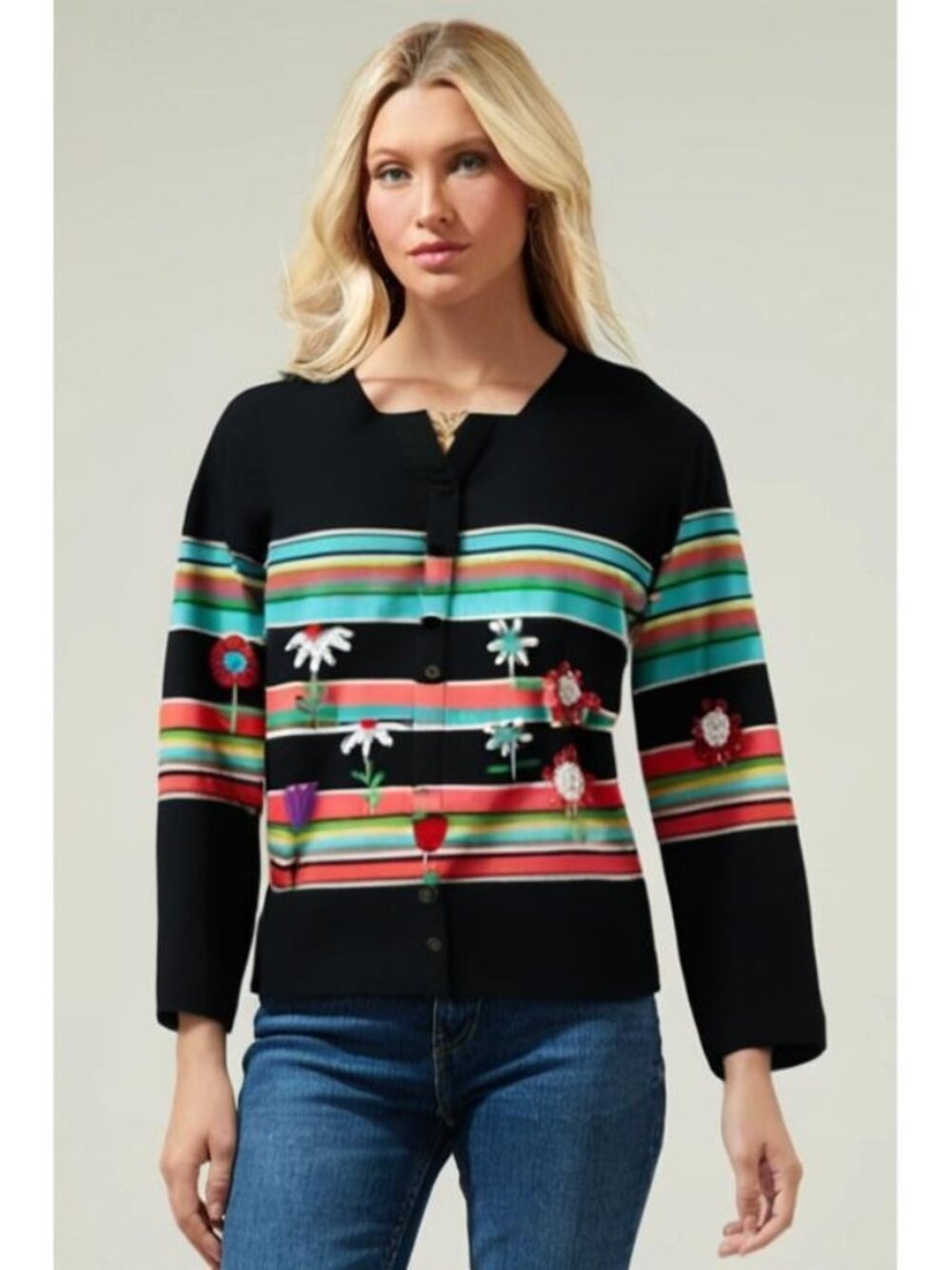 Sharon Young Vintage Striped Embroidered Floral Button Front Cardigan‎ Women's L - Picture 11 of 11